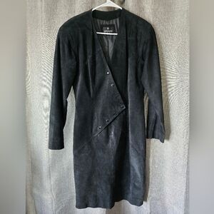 VINTAGE 80's BERMANS BLACK SUEDE LONG SLV SNAP-FRONT PENCIL DRESS Size 6